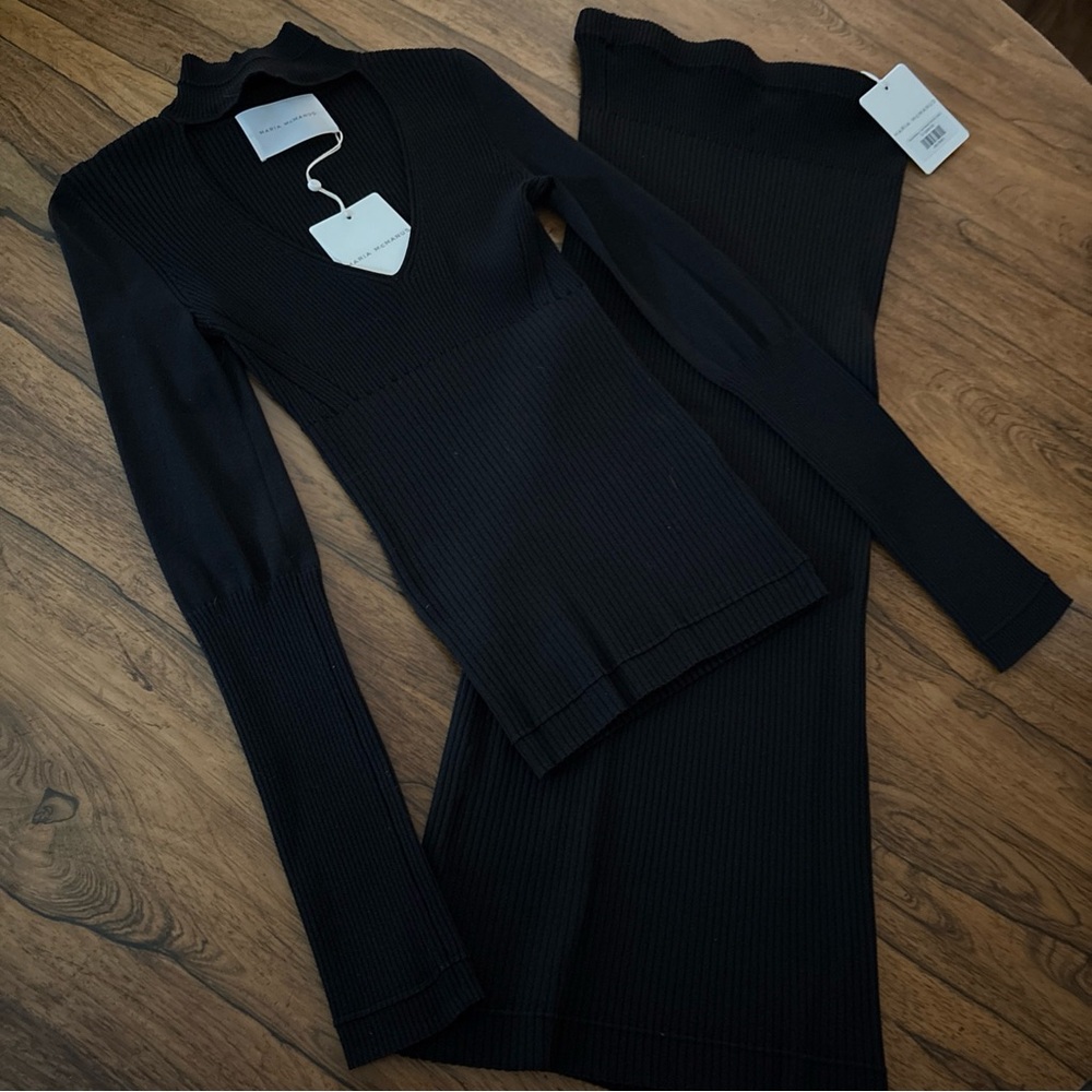 NWT Maria McManus Ribbed Black Knit Set Banded V-Neck Top Tube Skirt S  $860